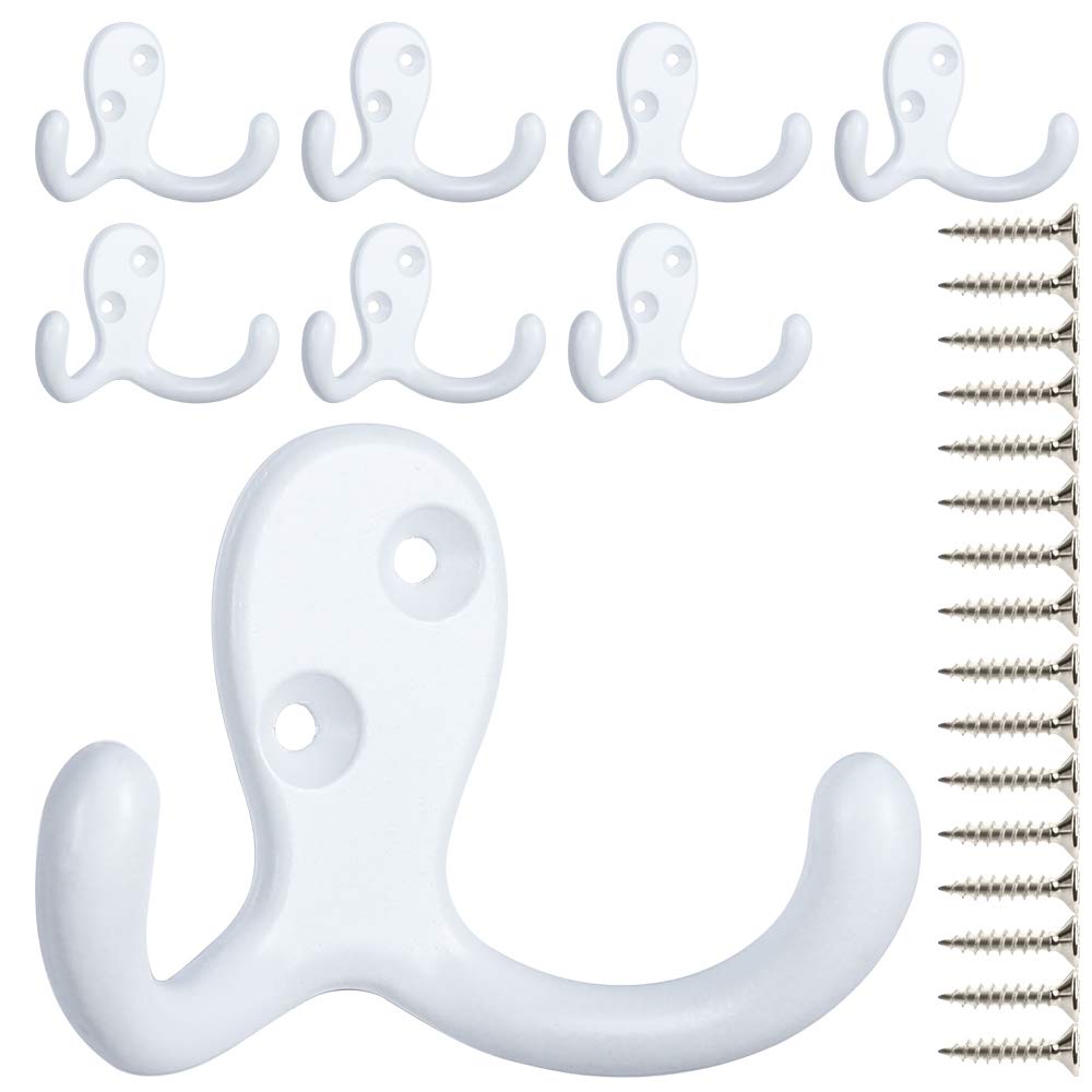 IBosins 8 Pack Silvery Double Prong Coat Hooks Wall Mounted with 16 Screws