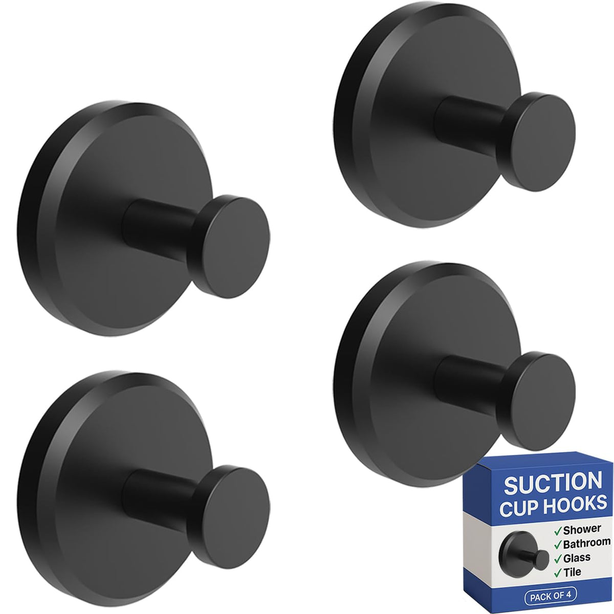 HOME SO Suction Cup Hooks for Shower & Bathroom Towel Holder 2-Pack Black