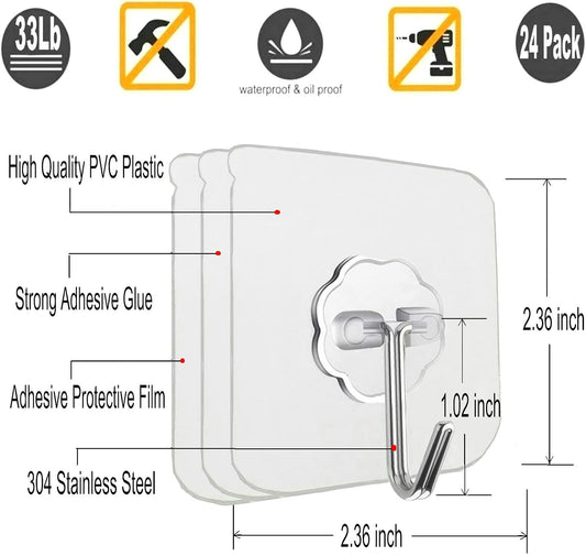 Jwxstore 24 Pack Adhesive Wall Hooks Clear 33LB Heavy Duty Sticky Hooks