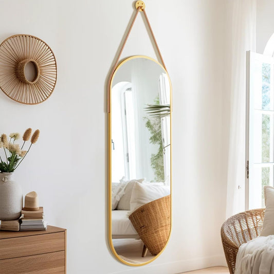 Dewfig 48"x16" Full Length Mirror, Oval Wall Mirror, Leather Strap, Gold