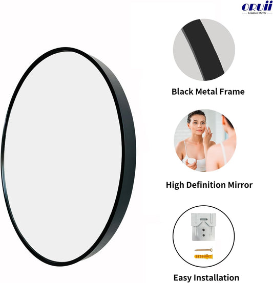 Oruii Round Mirror, 24 inch Black Circle Mirror, Matte Black Metal Frame