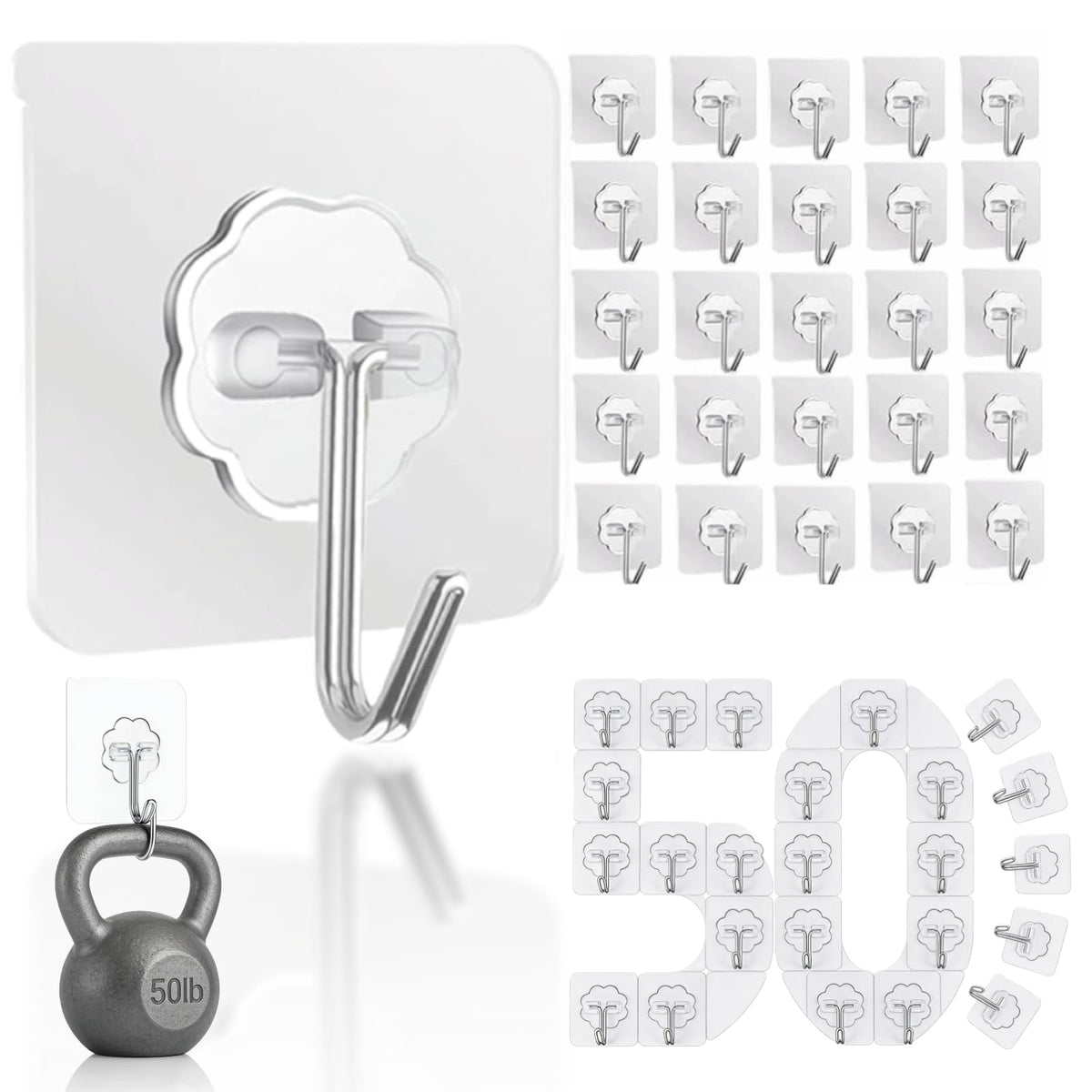 DDMY Adhesive Wall Hooks Clear 50lb(Max) Heavy Duty Hanging Sticky-10 Pack
