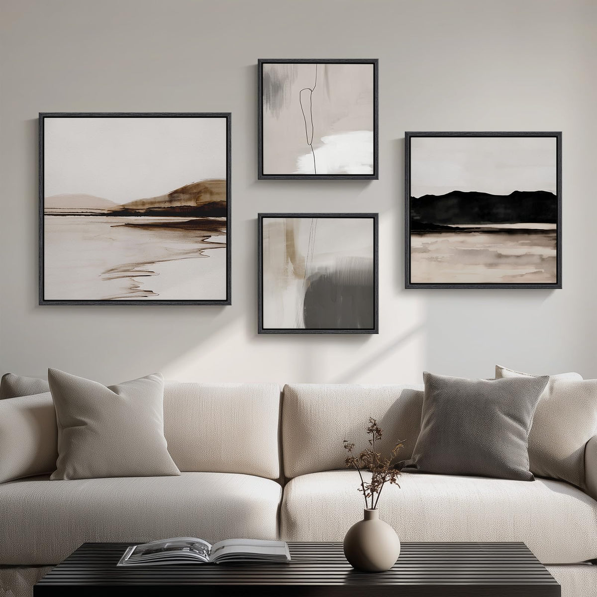 4 Piece Framed Neutral Abstract Modern Wall Art for Living Room, 12x12 In