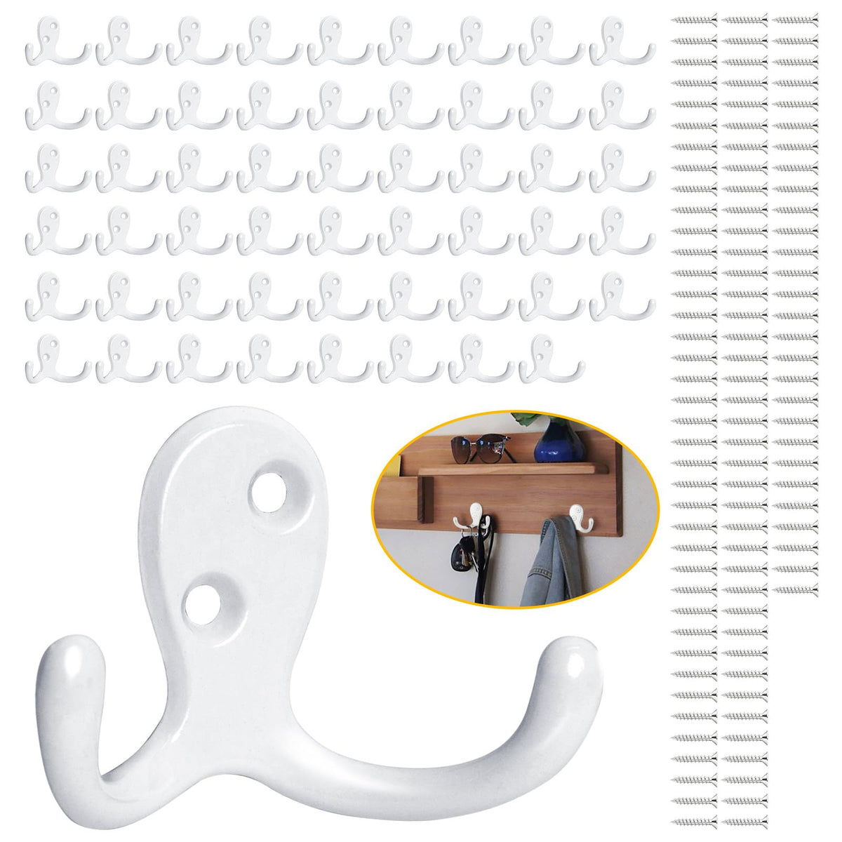 Homanu 14 Pack Black Coat Hooks Wall Mounted Double Prong with 28 Screws