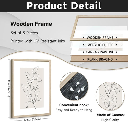 Neutral Botanical Prints Wall Art Decor Plant Minimalist Canvas Pictures Vintage Beige Wall Art Modern Farmhouse Line Poster Boho Abstract Painting Artwork for Bedroom 12x16 Inch Framed Set of 3
