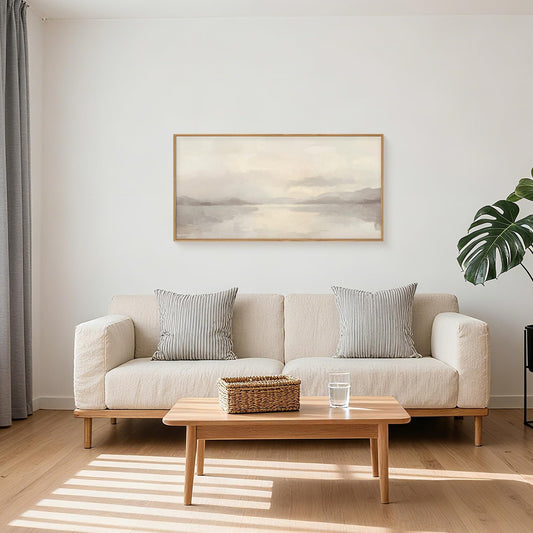 LHIUEM Large Abstract Neutral Beige Pastel Framed Canvas Wall Art,Modern Watercolor Lakes Wall Decor,Nature Mountain Minimalist Artwork for Living Room,Bedroom,Dining Room,Office-20 x40 x1