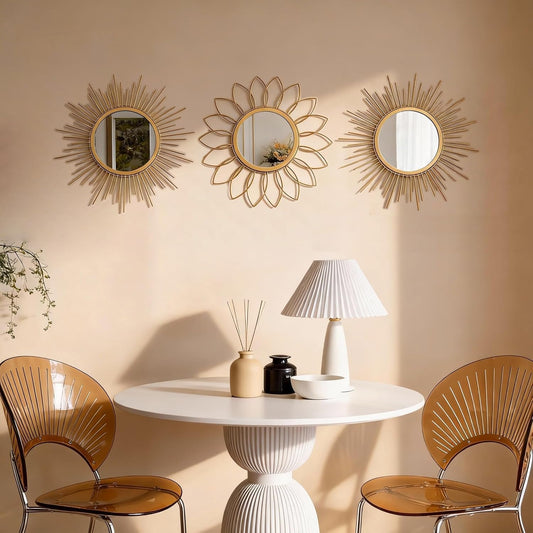 Boho Sunburst Wall Mirror Set of 3, 12 Inch Round Antique & Modern Metal Wall Art, Hanging Over The Door Mirrors for Wall Decor in Living Room, Bedroom, Bathroom, Entryway(Gold)