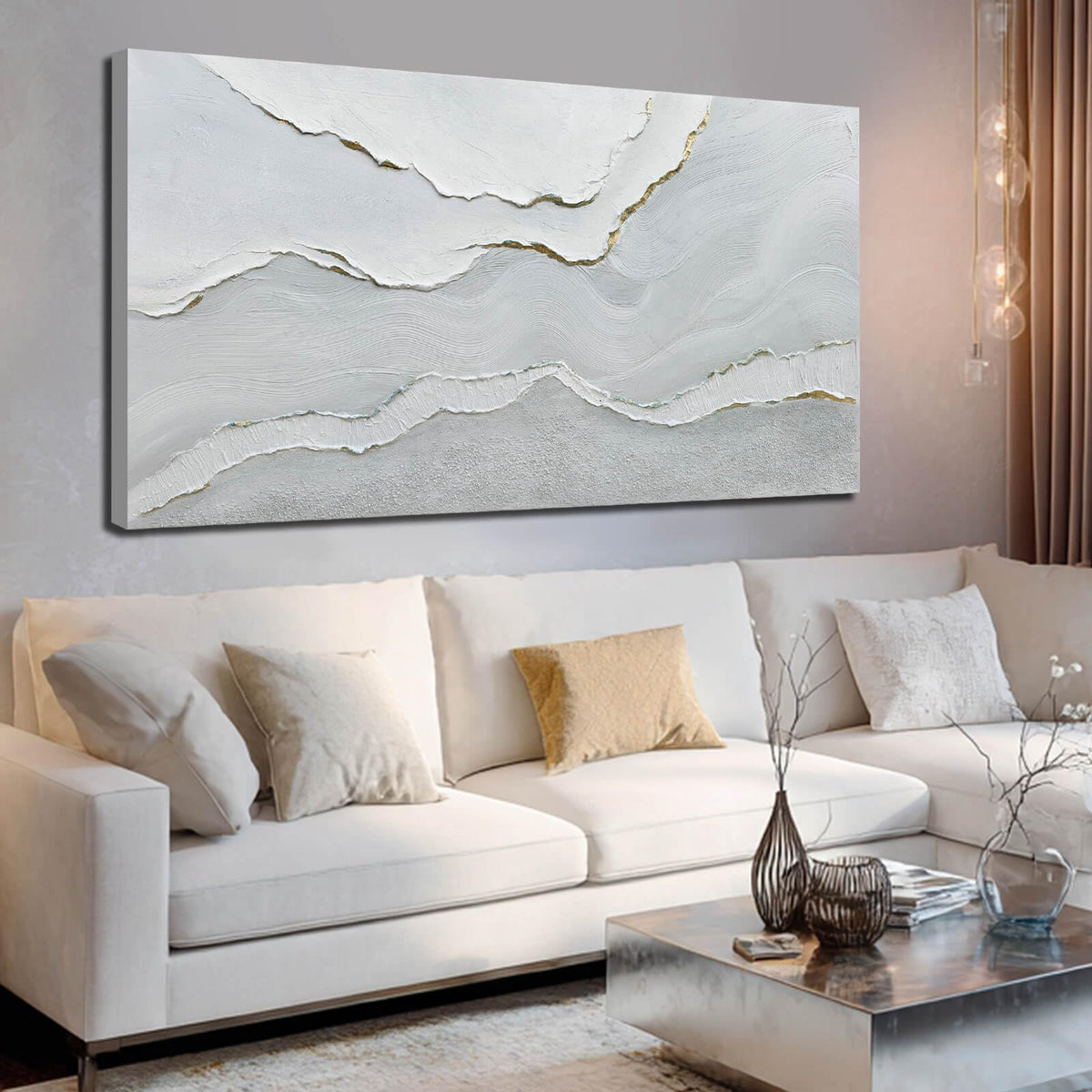 Framed Minimalist Wall Art Large Abstract Wall Decor White Artwork Gold Line Art for Bedroom Canvas Paintings for Living Room Office 29x58 Inch