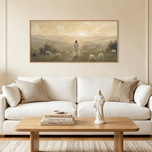 HLNIUC Vintage Jesus Lamb Framed Canvas Wall Art,Abstract Christian Bible Horizontal Wall Decor,Religious Sunset Artwork(40x20),Large Texture Nature Landscape Prints for Living Room,Bedroom,Church