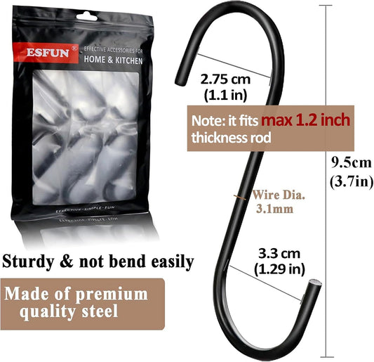 ESFUN 30 Pack 3.7 inch Length S Hooks Black Steel S Shaped Hooks for Hanging Jeans Pans Pots Plants Bags Towels Kitchen Closet Hooks Hanger, Fit the Rod Dia Less Than 1.2 inches