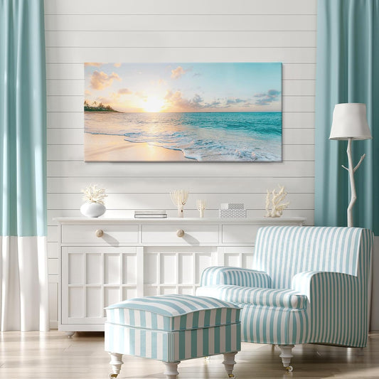 Goldfoilart Ocean Beach Sunset Canvas Wall Art for Bedroom Seascape Paintings Coastal Picture Framed Artwork for Bathroom Living Room Office Wall Decor 20" x 40"