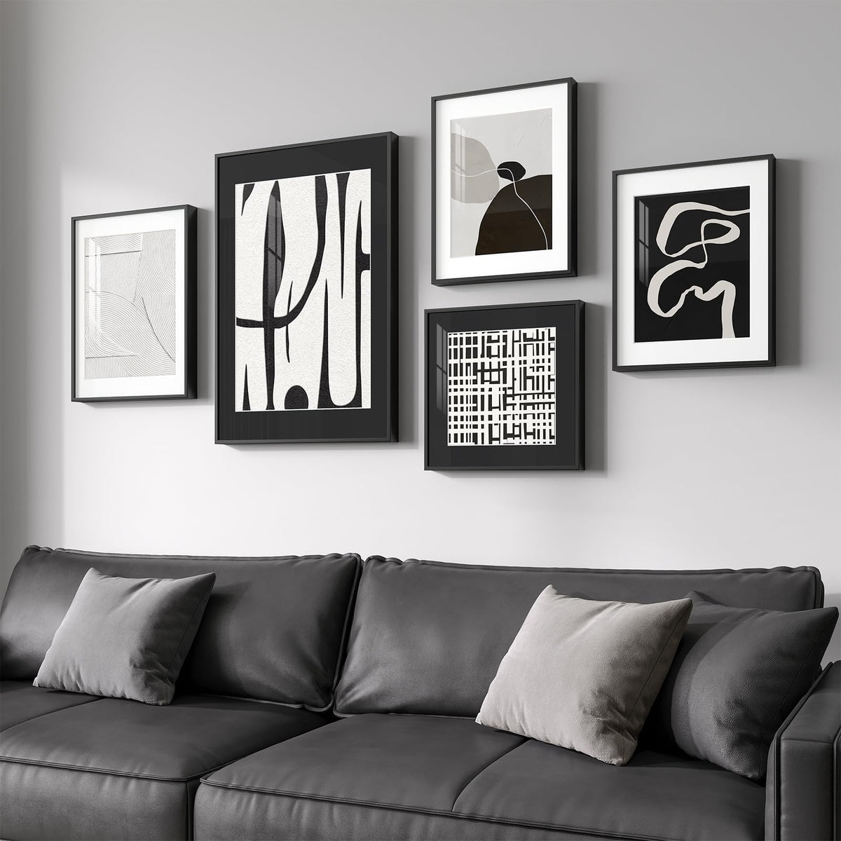 Framed Boho Black and White Brown Modern Abstract Wall Art for Living Room