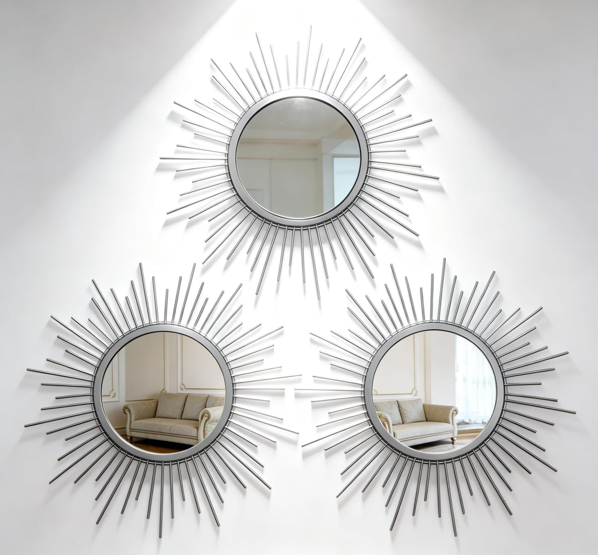 Boho Sunburst Wall Mirror Set of 3, 12 Inch Round Antique & Modern Metal Wall Art, Hanging Over The Door Mirrors for Wall Decor in Living Room, Bedroom, Bathroom, Entryway(Gold)