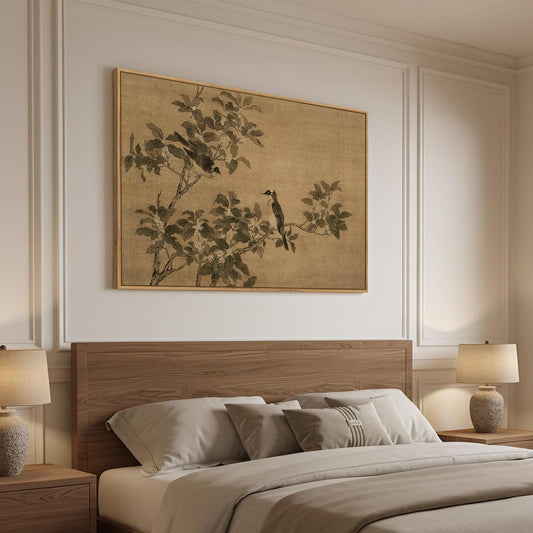 Framed Vintage Neutral Rustic Botanical Bird Chinoiserie wall art, 24x36 In