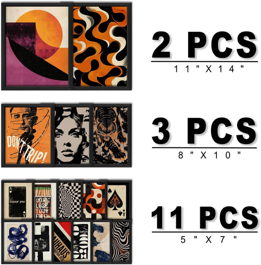 ANERZA 16 PCS Framed Retro 70s Wall Art Decor, Eclectic Vintage Wall Prints for Bedroom, Gallery Wall Frame Set, Abstract Posters for Living Room Aesthetic, Collage Kit, 60s 80s 90s Dorm Home Artwork