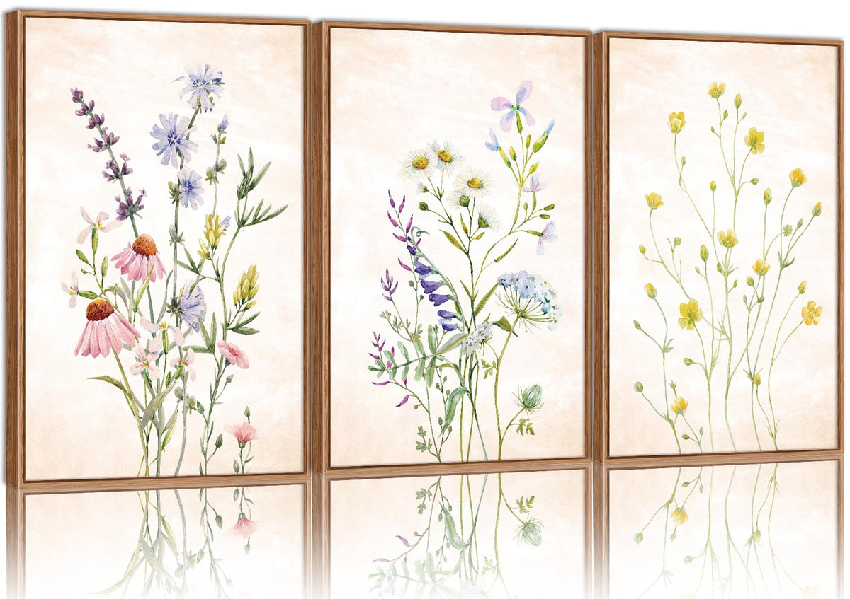 SIGNINART Orange Floral Framed Canvas Wall Art Set of 3, Mid Century Modern Flower Wall Decor, Neutral Plant Artwork, Boho Botanical Art Prints for Bedroom Living Room Office 16"x24"x3