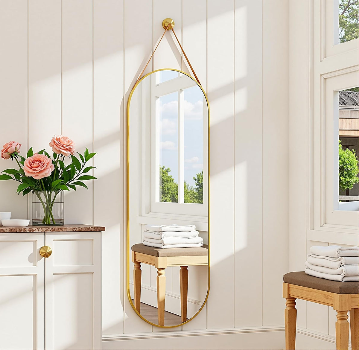Dewfig 48"x16" Full Length Mirror, Oval Wall Mirror, Leather Strap, Gold