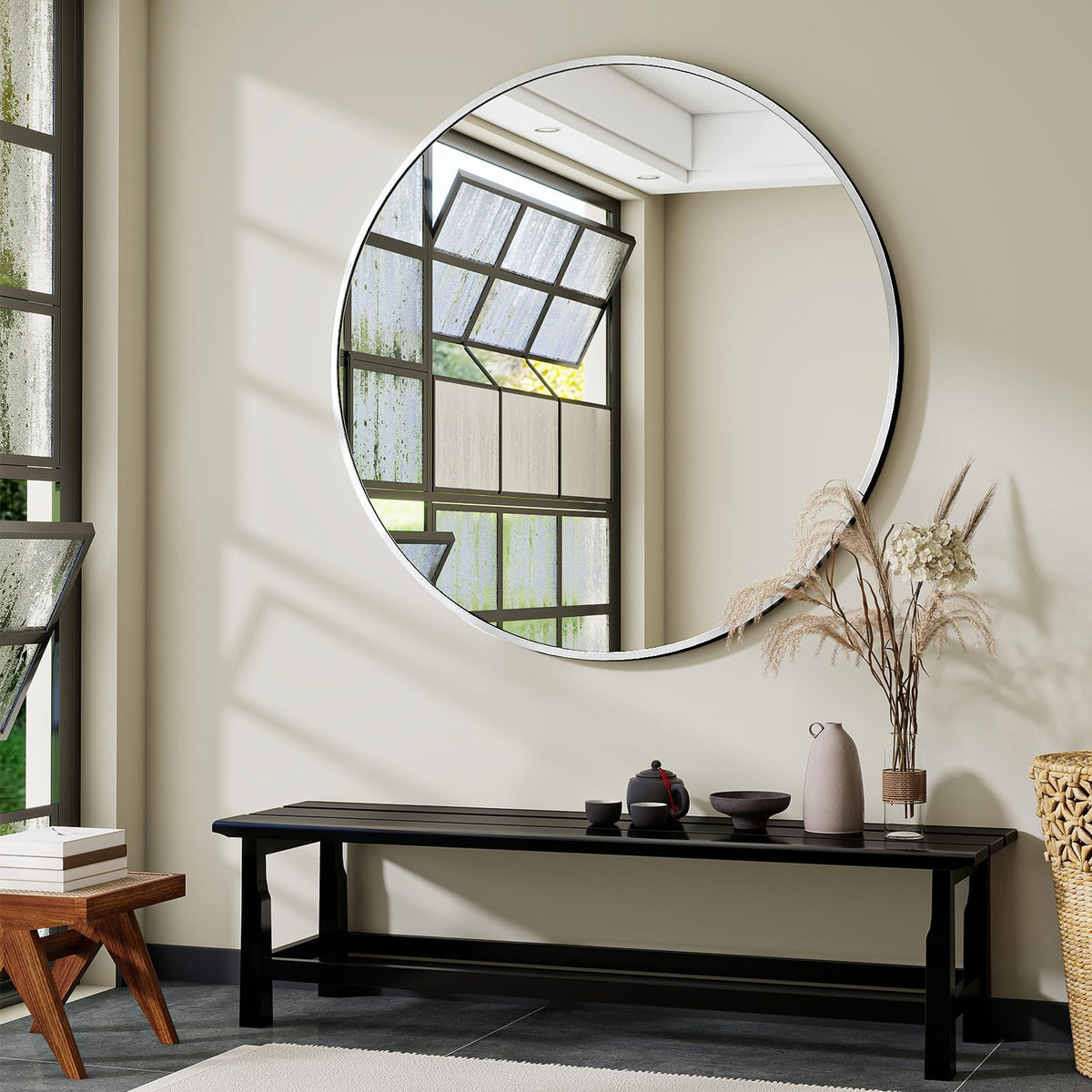 VooBang Black Round Bathroom Mirror 30", Thin Metal Frame Wall Mirror