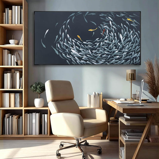 Ocean Fish Framed Canvas Wall Art,Large Sea Fishes Wall Decor,Modern Navy Blue Marine Fish Pictures,Colorful Fishes Artwork for Living Room Bedroom Office Home Decor 24"x48"