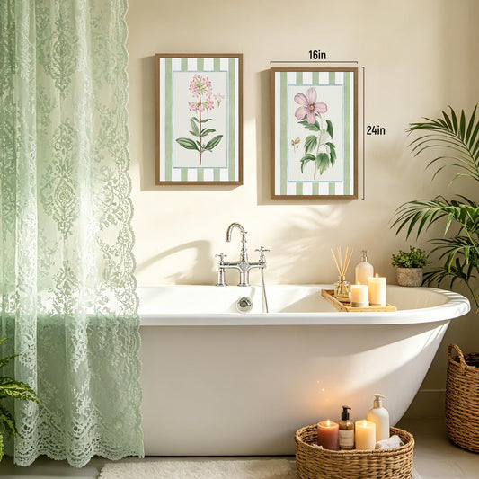 RLKHG Wood Framed Vintage Botanical Wall Art Set of 2, Green Stripe Floral Poster Prints, Classic Botanical Illustration Wall Decor, Cottagecore Farmhouse Artwork for Bedroom Hallway 12x16 Inch
