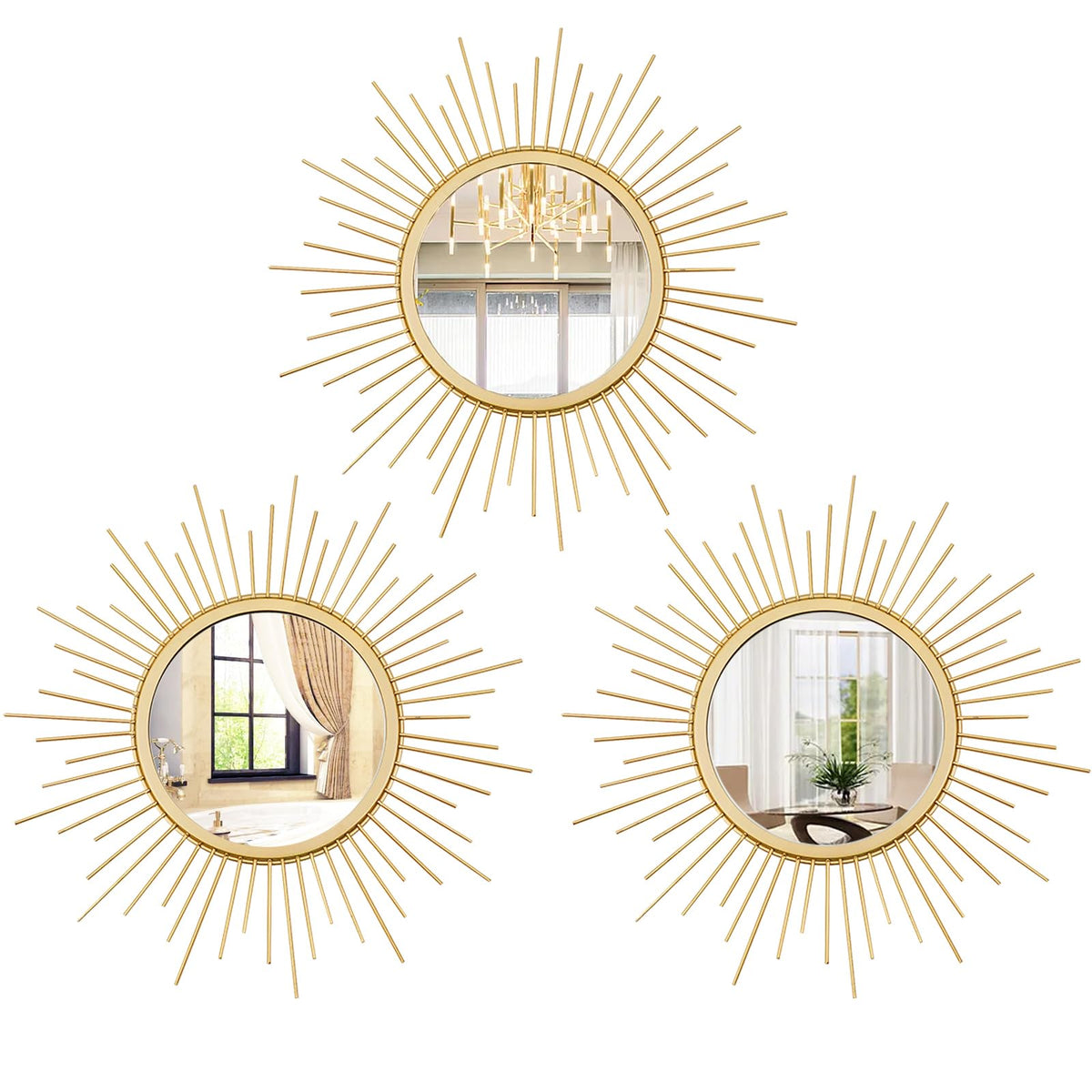 3 Set Sunburst Round Mirrors for Wall Decor Bedroom Bathroom