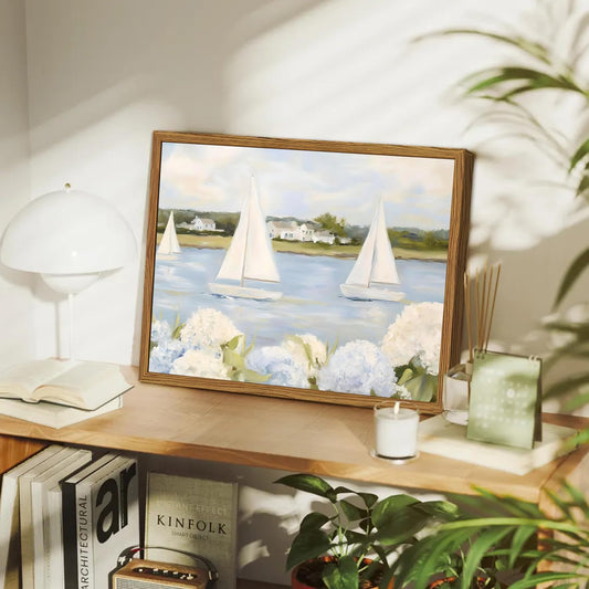 Framed Vintage Hydrangea Floral Wall Art, Blue Coastal Sailboat Pictures Wall Decor, Summer Nautical Landscape Paintings Canvas Prints Artwork for Home Living Room Bedroom 12x16 inch