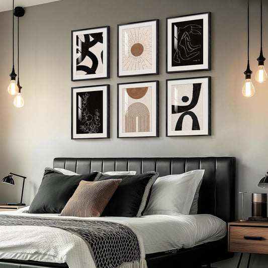 Framed Boho Black and White Brown Modern Abstract Wall Art for Living Room