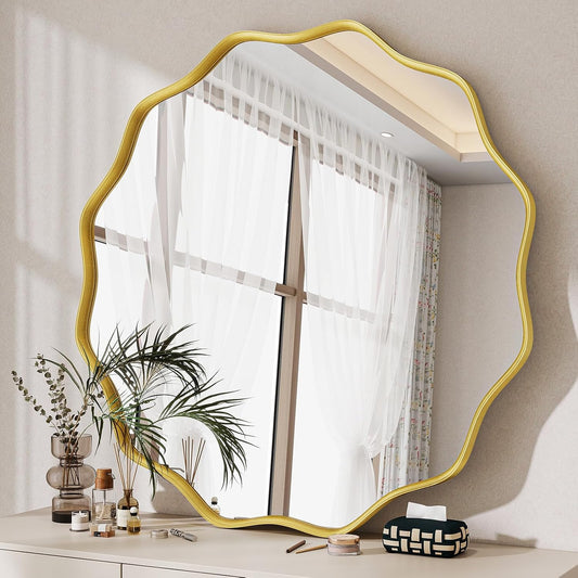 Wavy Round Mirror, 30" Scalloped Metal Frame Gold Circle Mirror