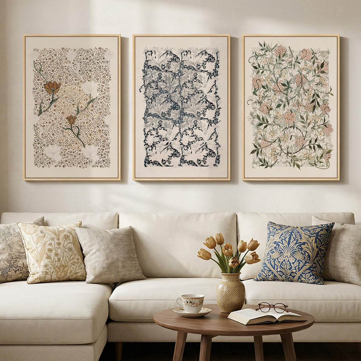 Framed Vintage William Morris Boho Canvas Wall Art for Living Room, 3 Piece