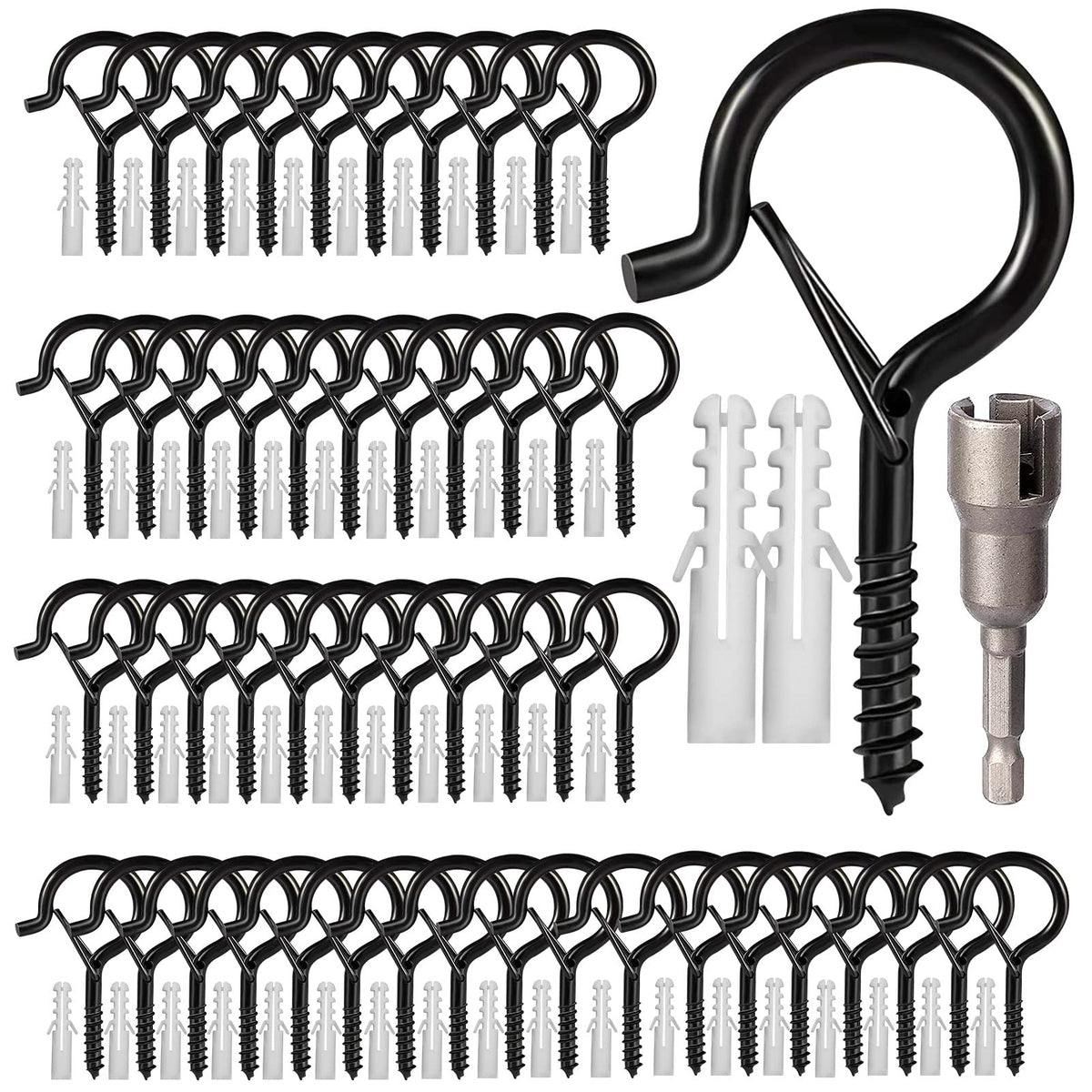 cyrico Hooks for Outdoor String Lights, 52 Pack Screw Hooks for Hanging Plants Led Party Lights Garage Wind Chimes, Black Heavy Duty Q Hanger Ceiling with Safety Buckle, Box and Wing Nut Driver