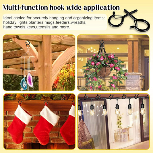 cyrico Hooks for Outdoor String Lights, 52 Pack Screw Hooks for Hanging Plants Led Party Lights Garage Wind Chimes, Black Heavy Duty Q Hanger Ceiling with Safety Buckle, Box and Wing Nut Driver