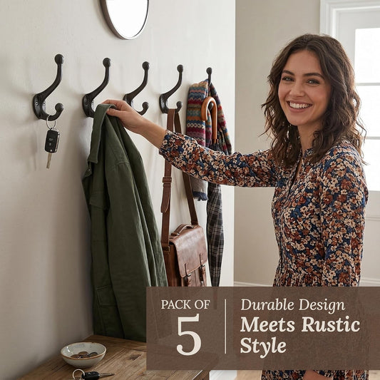 Rustic Cast Iron Coat Hooks (5 Pack) Wall Mounted Farmhouse Decorative Wall Hooks, Vintage Hooks for Hanging Coats, Bags, Hats, Towels (Antique Black, Includes Hardware)