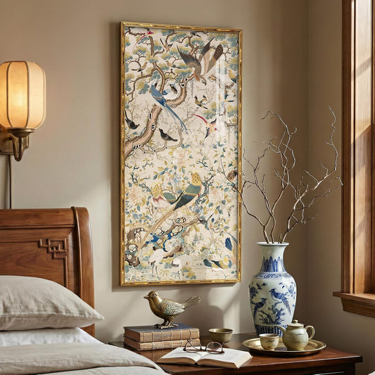 Vintage Gold Framed Chinoiserie Vertical Wall Art for Living Room, 20x40 In