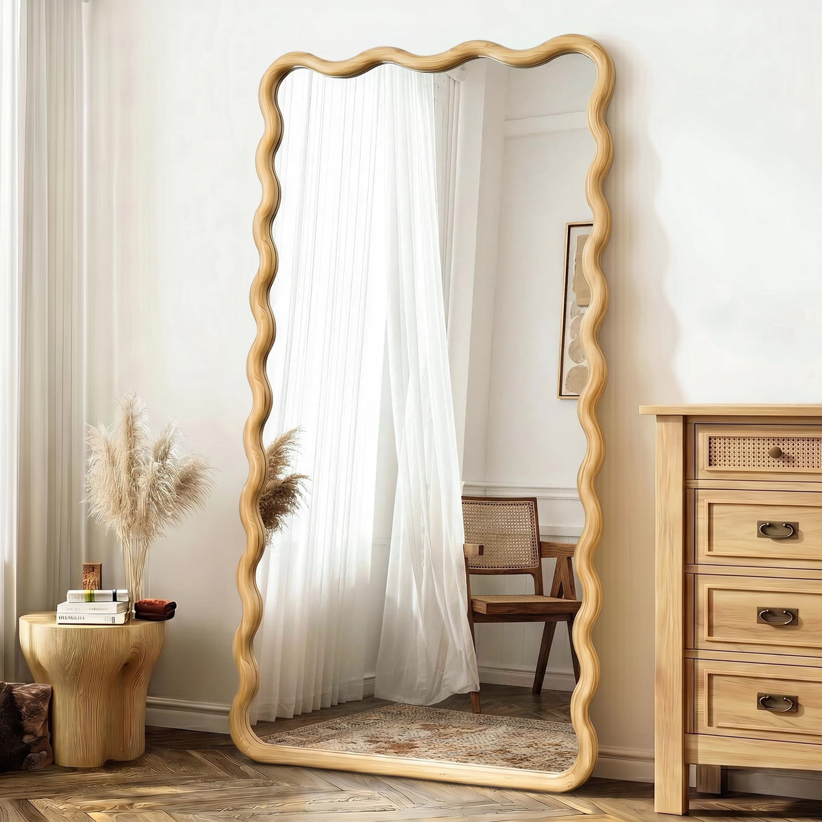 FICTOR Round Wood Wall Mirror, 36" Boho Wavy Circle Mirror