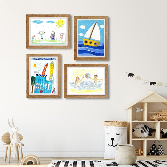 iRahmen Kids Art Frames 8.5x11 Set of 2 - Front Opening Childrens Picture Frame Changeable, Wood Artwork Display Storage for Wall Mount, Magnetic Door Holds 50 Art Pieces for Drawings, 3D Picture, Crafts, Portfolio, Brown