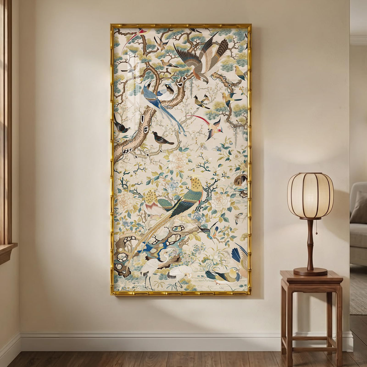 Vintage Gold Framed Chinoiserie Vertical Wall Art for Living Room, 20x40 In