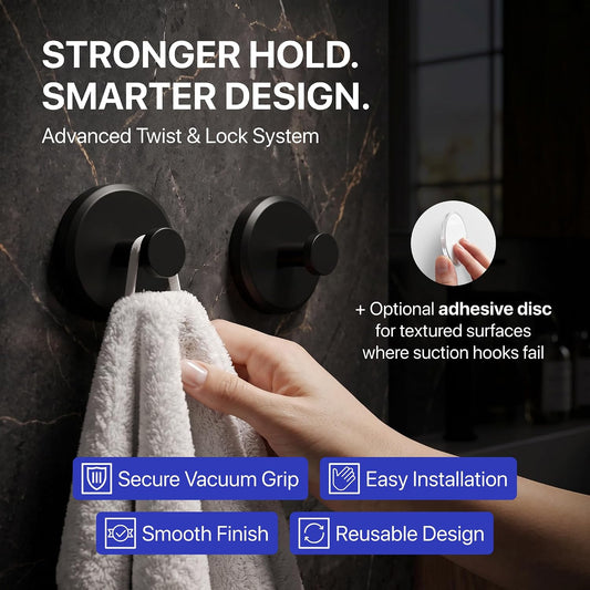 HOME SO Suction Cup Hooks for Shower & Bathroom Towel Holder 2-Pack Black