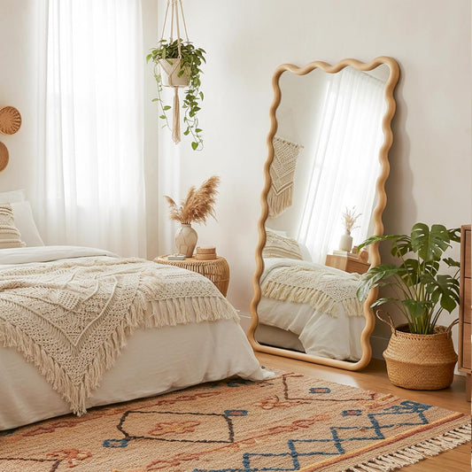 Full Length Mirror, 55”x28” Wavy Wood Floor Mirror for Wall