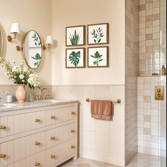 ArtbyHannah Framed Bathroom Wall Art Decor, 10x10 Botanical Artwork Walnut