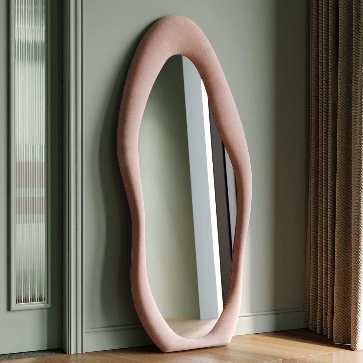 Honyee 55" x 24" Wall Mirror, Flannel Wrapped Wooden Frame Wavy Mirror, Irregular Mirror Hanging for Cloakroom/Bedroom/Living Room, Ivory White