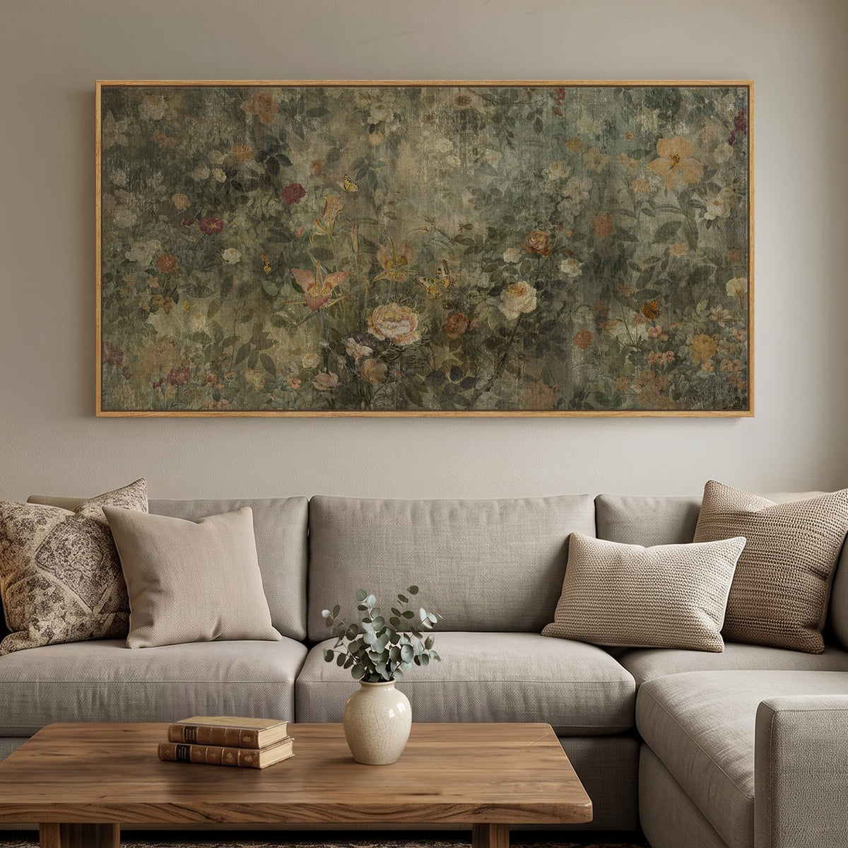 Extra Large Framed Vintage Rustic Floral Wall Art for Living Room, 60x30 In