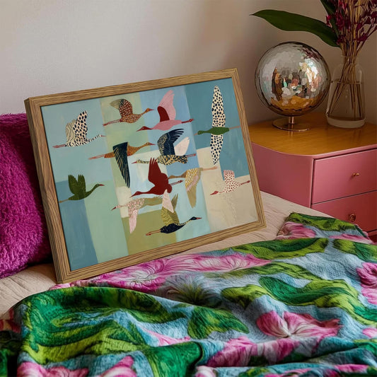 Vintage Wild Geese Wall Art, Neutral Abstract Flying BirdsFlying Birds Canvas Wall Decor Painting, Modern Colorful Geometric Animal Artwork Prints for Living Room Bedroom 12x16 Inch Wood Framed