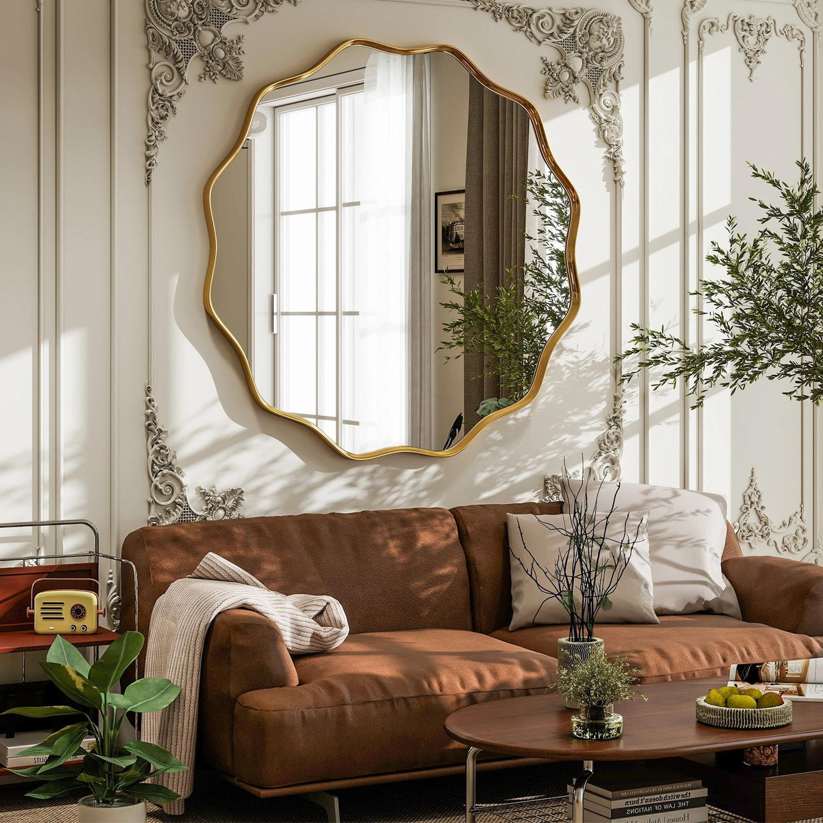 VooBang Gold Scalloped Circle Mirror, 24" Wavy Edge Round Wall Mirror