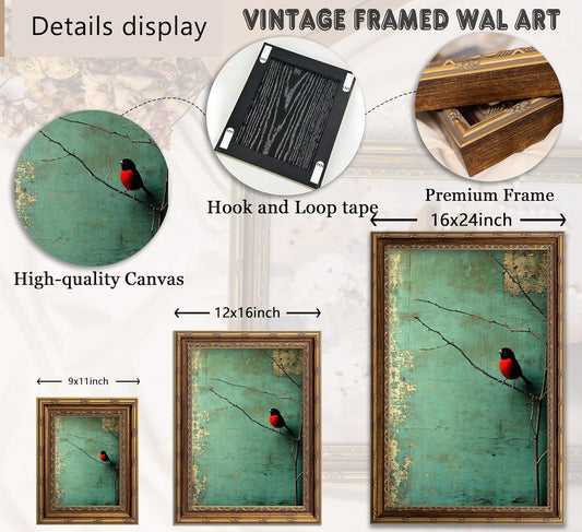 Vintage Gold Framed Canvas Wall Art, Funny Birds Plant Painting Picture Wall Decor,Country Farmhouse Poster Print Artwork,for Bedroom Living Room Study Home Decoration