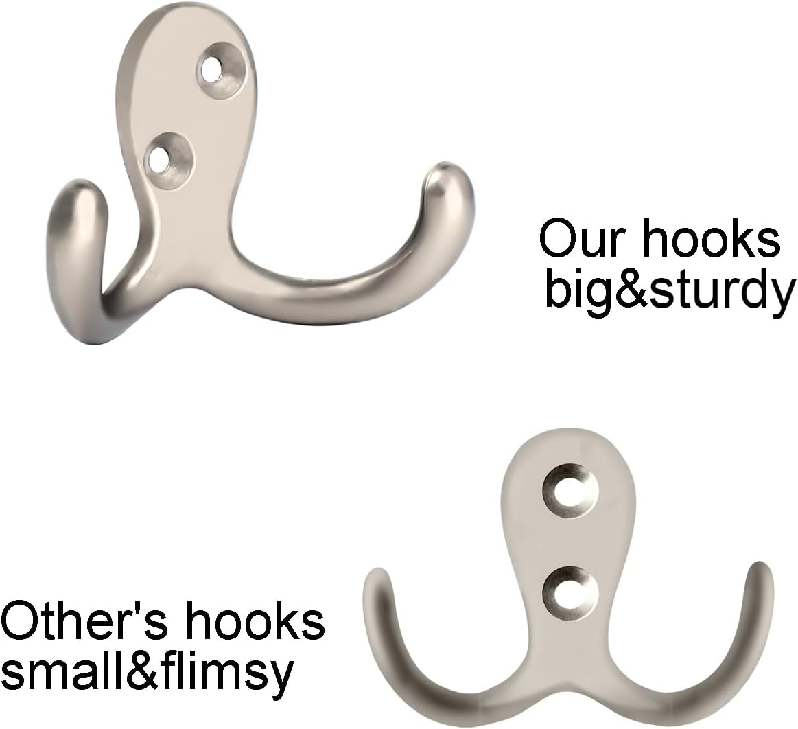 IBosins 8 Pack Silvery Double Prong Coat Hooks Wall Mounted with 16 Screws