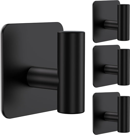 Aikzik 4 Pack Large Heavy Duty Wall Hooks - 26lb Max, Stainless Steel Adhesive Towel Hook, Shower Hooks for Hanging Towel, Coat, Robe, Wall Hook for Use in Bathroom, Kitchen and Door, Matte Black