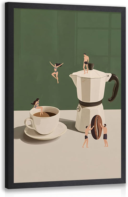 CAZLOUC Vintage Fun Coffee Wall Art, Funny Mini Swimmer Wall Decor, Green Abstract Espresso Canvas Artwork, Modern Minimalist Cafe Bar Poster Print for Office Dining Room Wood Framed 12x16 Inch
