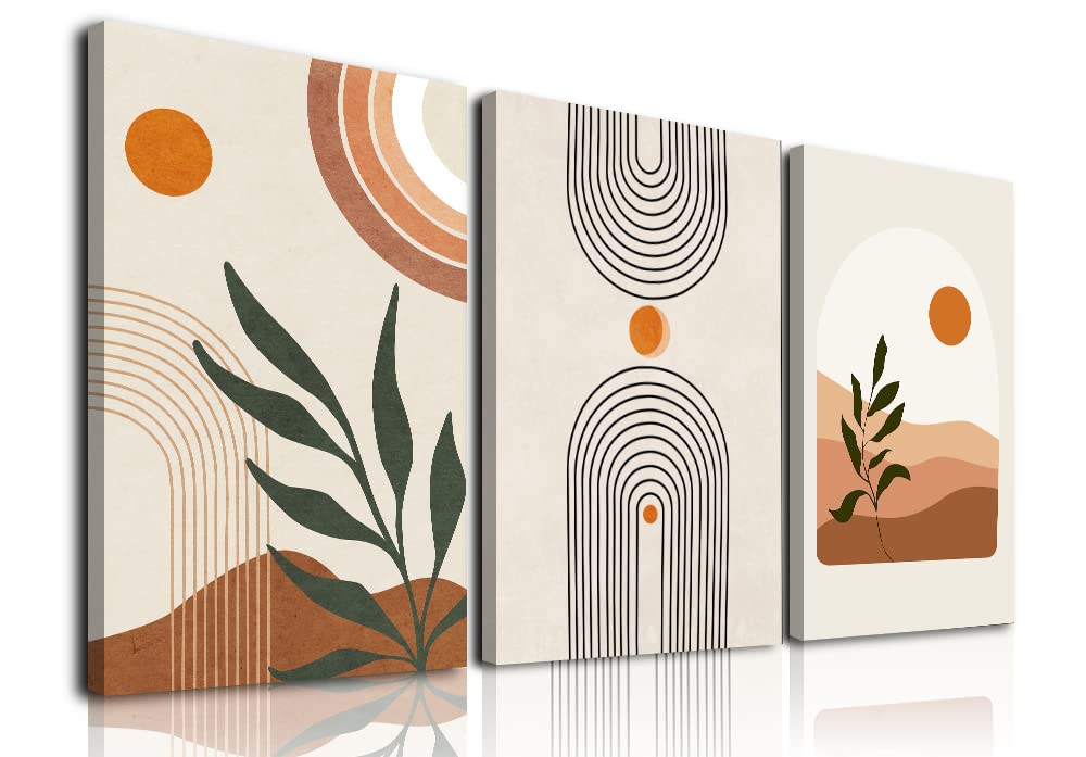 Sage Green Boho Wall Art Set of 3, Minimalist Framed Wall Art Geometric Line Leaf Sun Moon Beige Green Canvas Artwork Paintings, Abstract Botanical Boho Room Decor, Office, 12"x16"