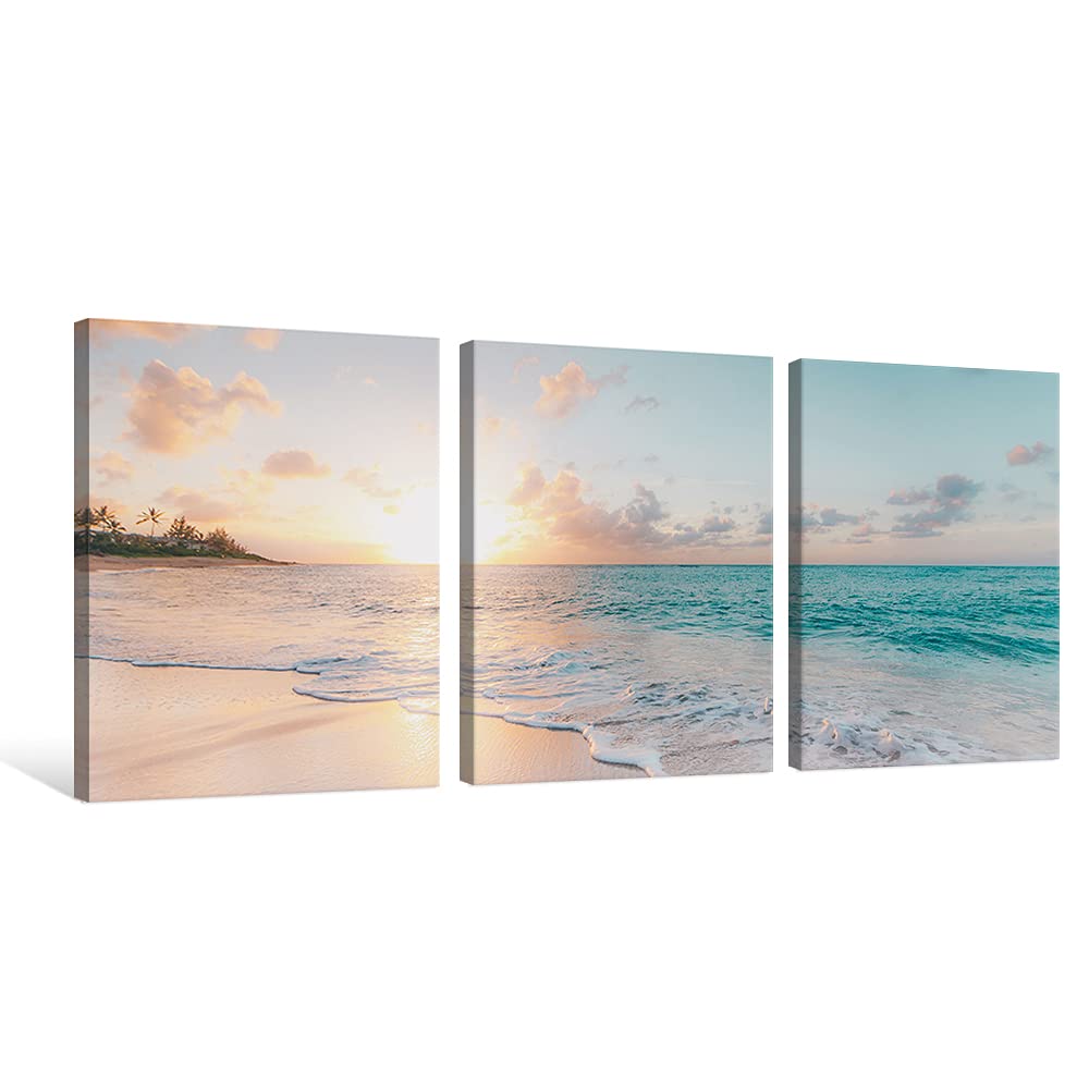 Goldfoilart Ocean Beach Sunset Canvas Wall Art for Bedroom Seascape Paintings Coastal Picture Framed Artwork for Bathroom Living Room Office Wall Decor 20" x 40"