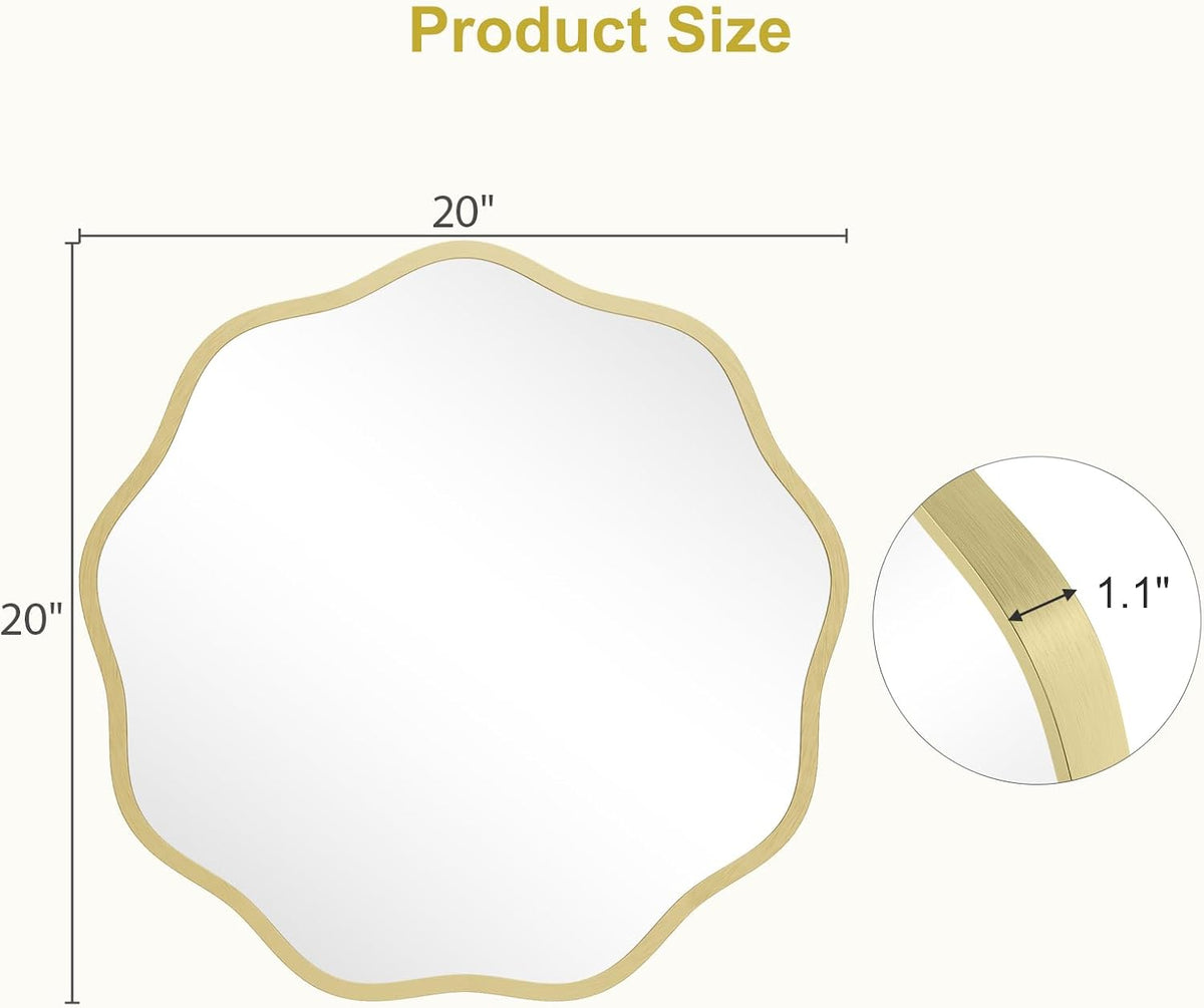 WallBeyond Round Wavy Mirror for Wall Decorative 20 inch, Modern Round Mirror Aluminum Frame for Bathroom Bedroom Living Room Home House Office Entryway, Gold